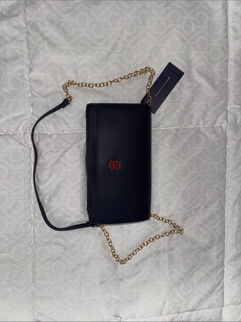 Tommy Hilfiger Navy Crossbody Wallet with Gold Chain and Red Logo
